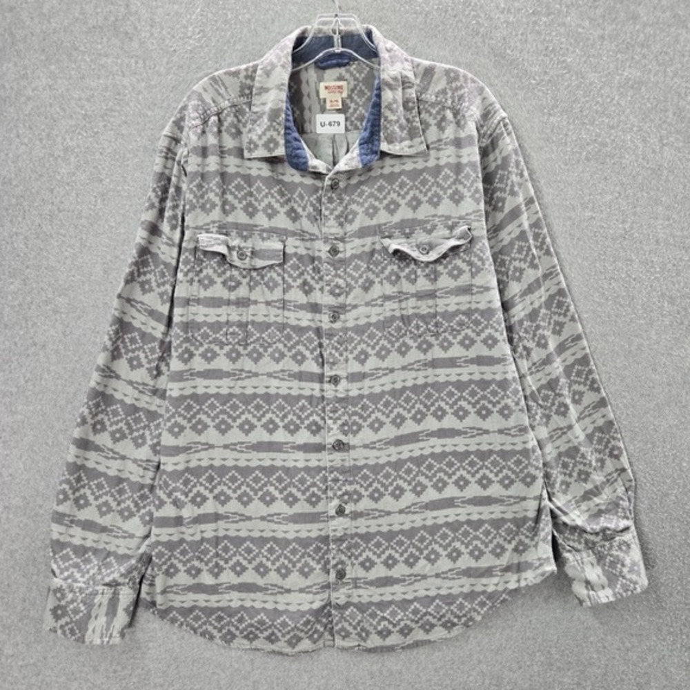 Mossimo‎ Men Button Up Shirt XL Gray Aztec Flannel Pockets Long Sleeve Collar